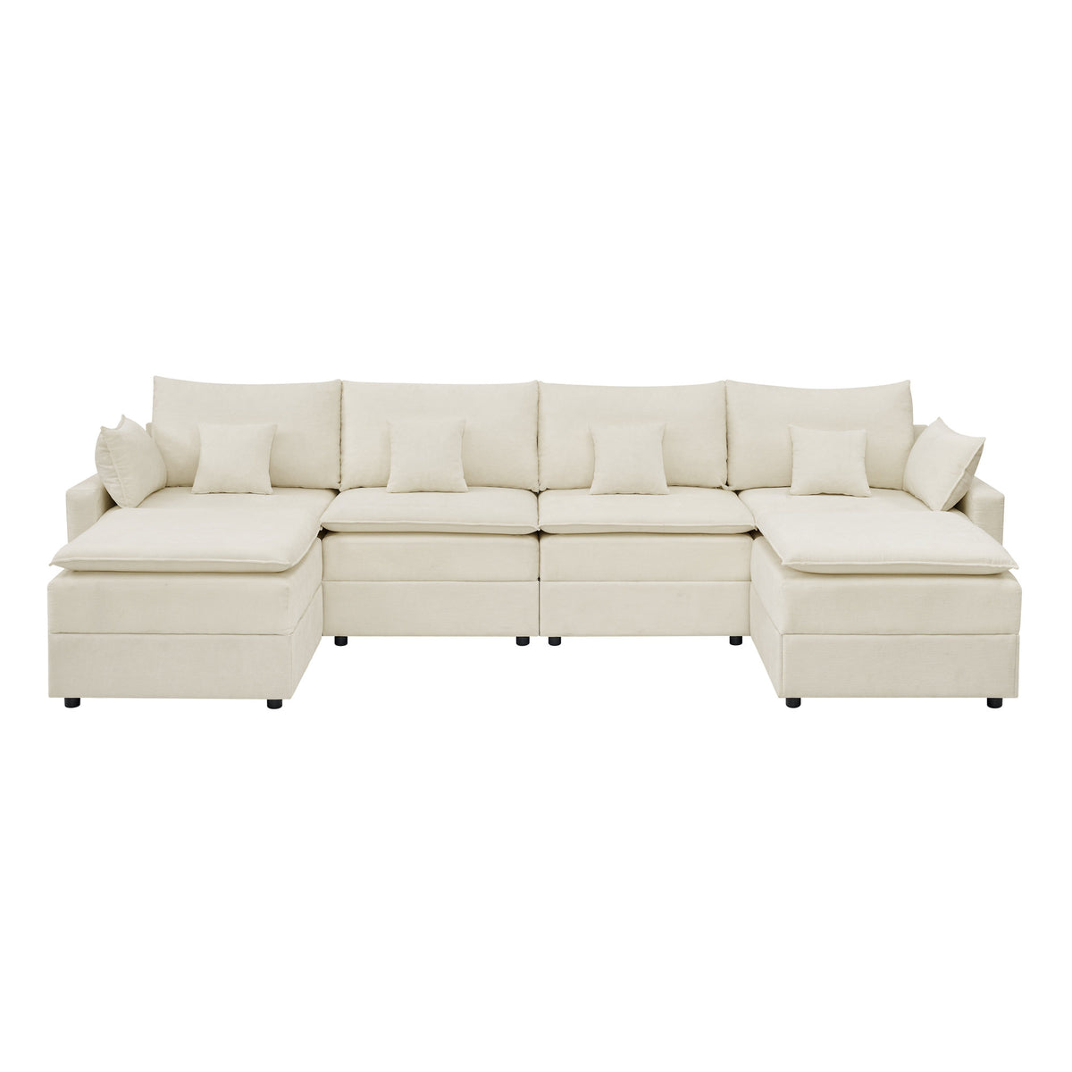 132" Cloud Modular Sectional Sofa, Deep Seat U Shaped Couch with Ottoman, Chenille Upholstered Sofa with Chaise, Plush Cushions, 6 Seat Modern Comfy Couch for Living Room & Apartment, Beige