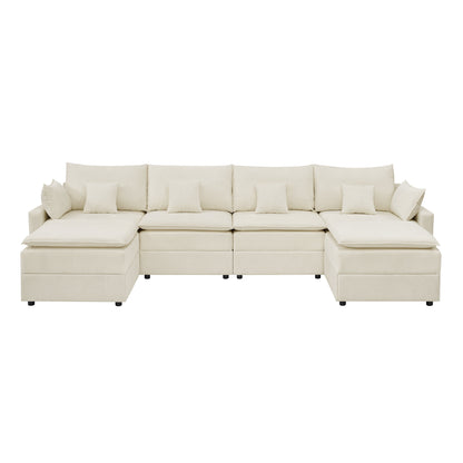 132" Cloud Modular Sectional Sofa, Deep Seat U Shaped Couch with Ottoman, Chenille Upholstered Sofa with Chaise, Plush Cushions, 6 Seat Modern Comfy Couch for Living Room & Apartment, Beige