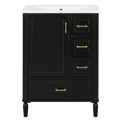 24' Modern Bathroom Vanity with Ceramic Sink, Soft-Close Door, 3 Drawers, Gold Handles, and Door-Mounted Rack for Space-Saving Storage(Old SKU:N729P373272B)