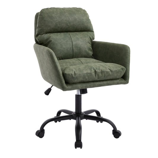 Green PU Leather Office Chair with Adjustable Height, Black Base, Ergonomic Design for Office, Bedroom, and Dressing Table