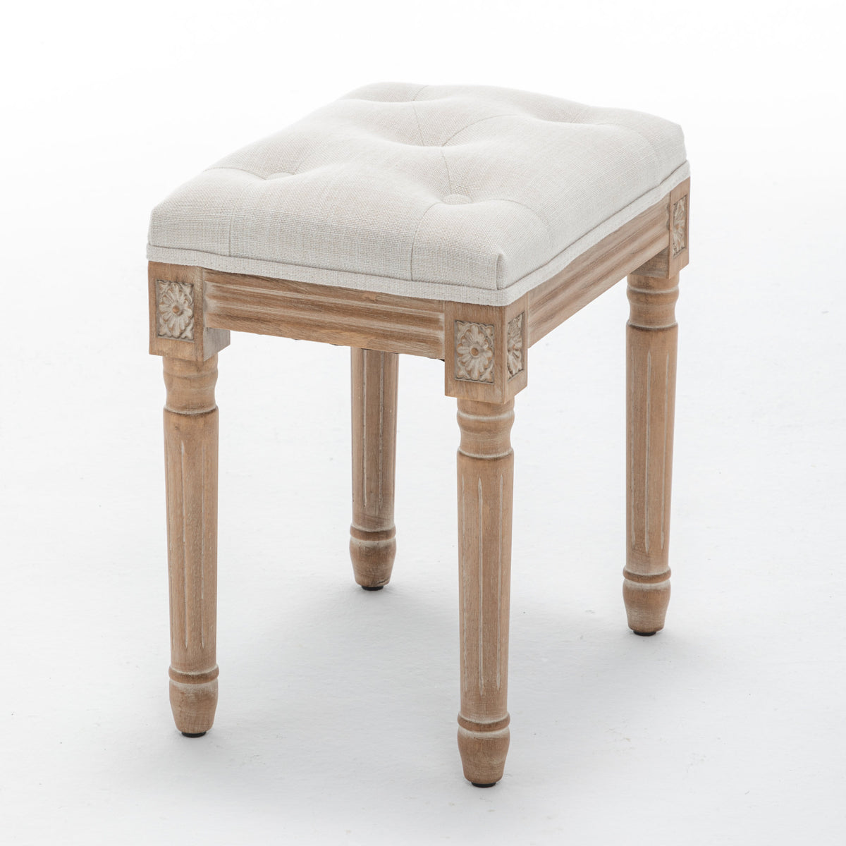 Tufted Vanity Stool with Linen Upholstery & Carved Solid Wood Legs, Dressing Bench for Bedroom, Beige