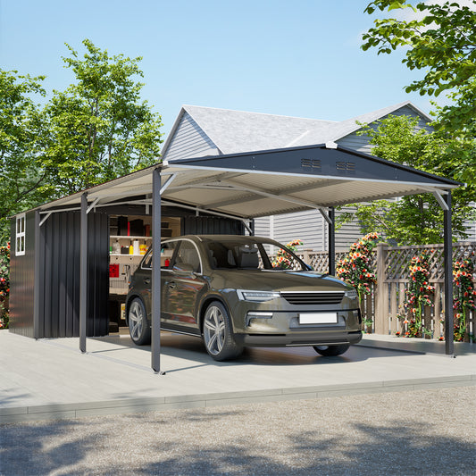 12'x23' Metal Carport Storage Shed, Heavy Duty Steel Garage with Sliding Door, UV Panel & Waterproof Sloped Roof, Reinforced Structure for Car Boat Tractor Farm – Grey