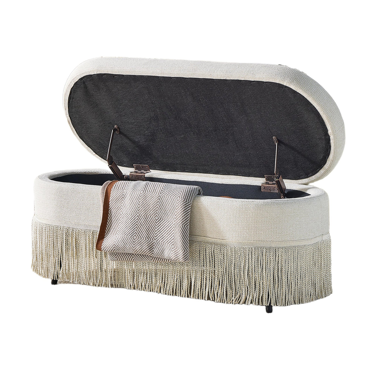 Oval Upholstered Storage Ottoman with Fringe Trim & Lift-Top Lid - 39"L x 16"W x 17"H, Multi-Functional Footrest & Hidden Storage for Living Room or Bedroom - Beige Fabric with Metal Frame