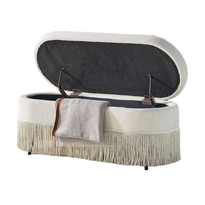 Oval Upholstered Storage Ottoman with Fringe Trim & Lift-Top Lid - 39"L x 16"W x 17"H, Multi-Functional Footrest & Hidden Storage for Living Room or Bedroom - Beige Fabric with Metal Frame