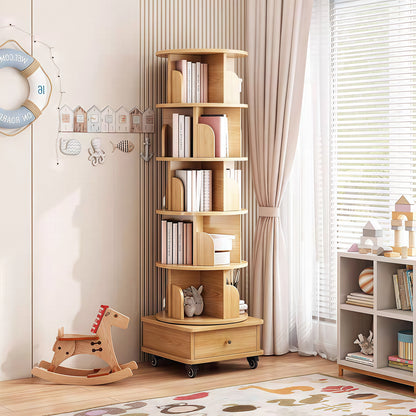6 Tier Rotating Bookshelf, 360° Display Round Spinning Bookshelf with Wheels and Drawer, Space-Saving, Small Space Rotating Bookshelf Tower – Natural