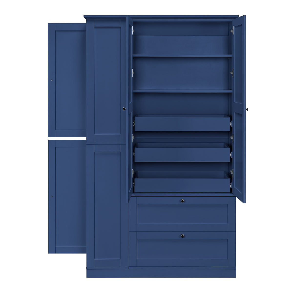 TOPMAX 73.6" Tall Farmhouse Kitchen Pantry Cabinet with 8 Shelves, 2 Drawers, 3 Pull-Out Trays, 4 Doors and Side Cabinets, Blue
