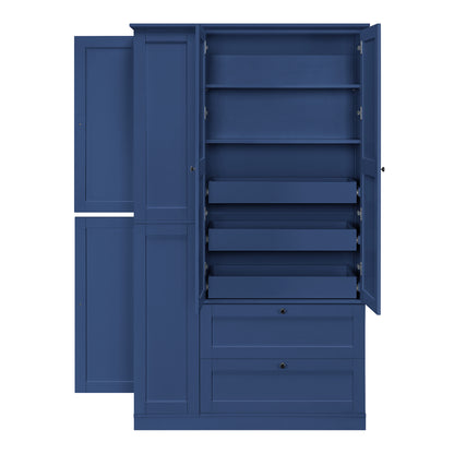 TOPMAX 73.6" Tall Farmhouse Kitchen Pantry Cabinet with 8 Shelves, 2 Drawers, 3 Pull-Out Trays, 4 Doors and Side Cabinets, Blue