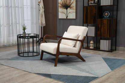 Mid Century Modern Accent Chair with Wood Frame, Upholstered Living Room Chairs with Waist Cushion, Reading Armchair for Bedroom Sunroom – Antique White