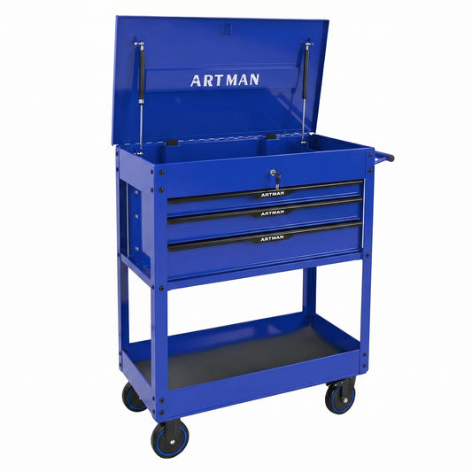 3 DRAWERS MULTIFUNCTIONAL TOOL CART WITH WHEELS AND STEEL TOP-Blue&Black