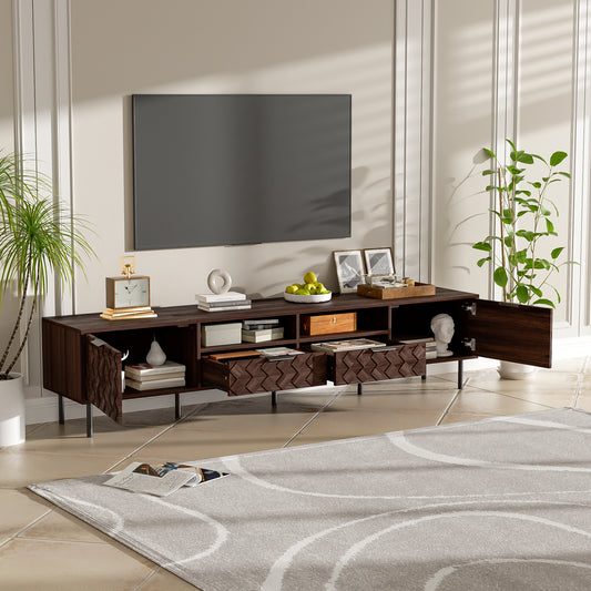 Modern 78 inch TV Stand for TVs up to 85 inches, Walnut Finish with Closed Storage, Soft-Closing Hinges, Iron Legs