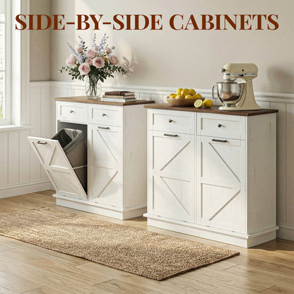 Tilt Out Trash Can Cabinet for Kitchen, Double 10-Gallon Hidden Trash Cabinet with Drawer, Farmhouse Wooden Garbage Cabinet, Dog Proof Trash Can Storage for Kitchen Laundry Living Room Office