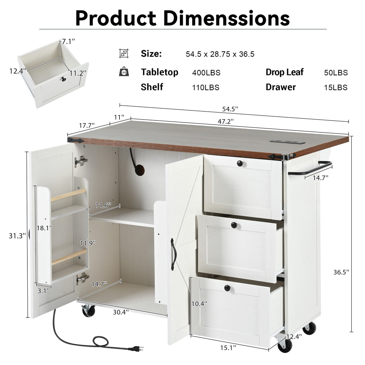K&K 54.5" Farmhouse Kitchen Island with Power Outlet, Kitchen Storage Island with Internal Storage Rack, Drop Leaf, Spice Rack