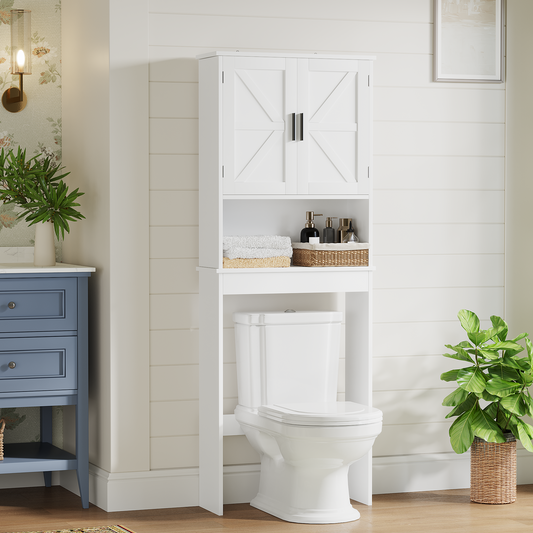 Over The Toilet Storage Cabinet with Adjustable Shelf, Bathroom Space Saver Organizer with Double Doors and Open Shelf