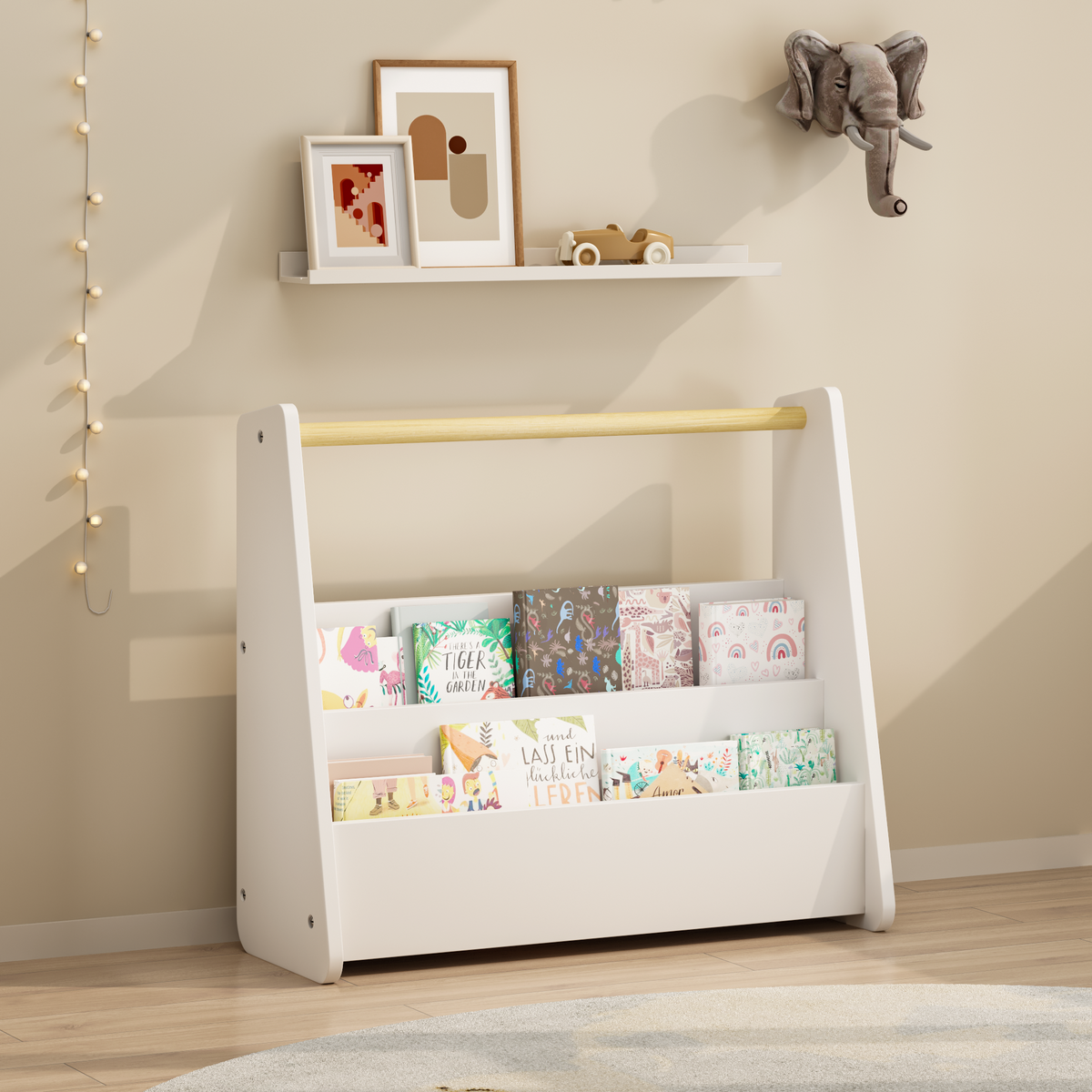 Kids Bookshelf with Wooden Handle, 2-Tier Front-Facing Toddler Bookcase, Portable Children's Book Storage Organizer, or Classroom, White
