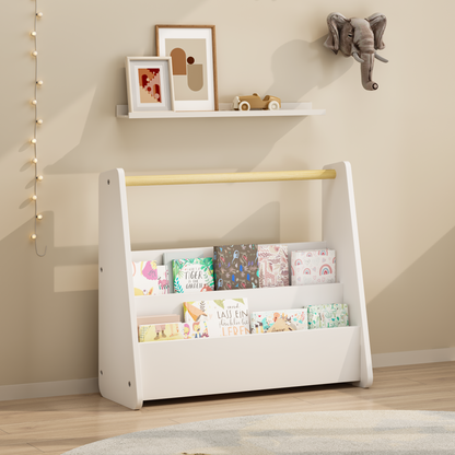 Kids Bookshelf with Wooden Handle, 2-Tier Front-Facing Toddler Bookcase, Portable Children's Book Storage Organizer, or Classroom, White