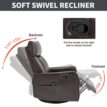 Brown Faux Leather Heat Massage Manual Recliner Chair with Rocker and Swivel for Living Room