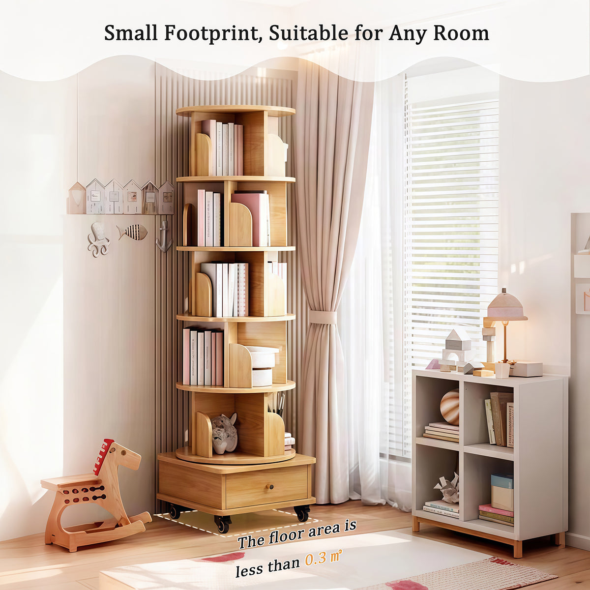 6 Tier Rotating Bookshelf, 360° Display Round Spinning Bookshelf with Wheels and Drawer, Space-Saving, Small Space Rotating Bookshelf Tower – Natural