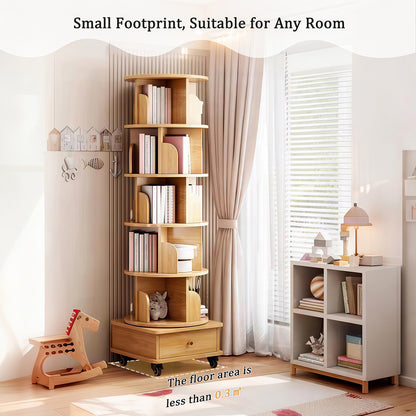 6 Tier Rotating Bookshelf, 360° Display Round Spinning Bookshelf with Wheels and Drawer, Space-Saving, Small Space Rotating Bookshelf Tower – Natural