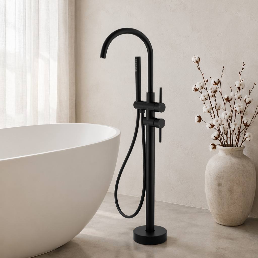 Matte Black Freestanding Tub Faucet, Floor Mounted Bathroom Faucet, Brass Single Handle with Hand Shower, High Flow 6 GPM