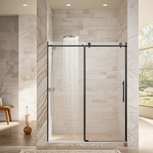 56-60' W * 76' H Stainless Steel Round Tube Frameless Single Sliding Shower Door, 1/4'-thick (6mm) SGCC Clear Tempered Glass Door, Reversible Installation, Matte Black
