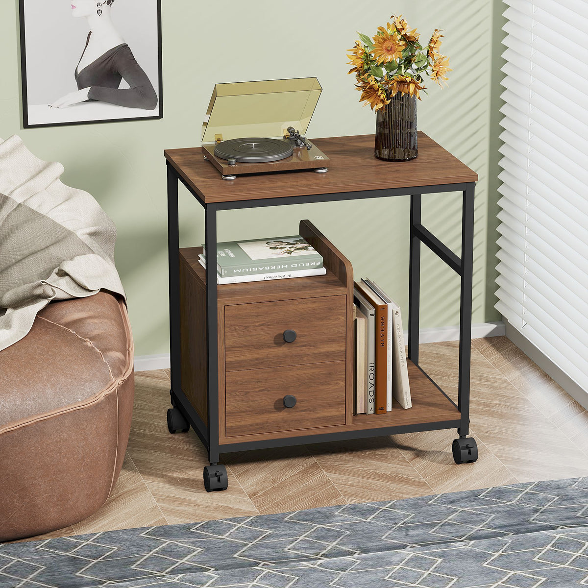 End Table with Wheels & Storage Drawers, Side Table,  Nightstand, Stable Metal Frame, Wood Top, for Bedroom Kitchen Living Room and Office, 14.9"D x 23.6"W x 25.7"H