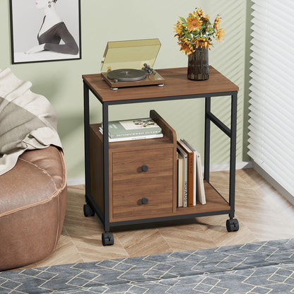End Table with Wheels & Storage Drawers, Side Table,  Nightstand, Stable Metal Frame, Wood Top, for Bedroom Kitchen Living Room and Office, 14.9"D x 23.6"W x 25.7"H