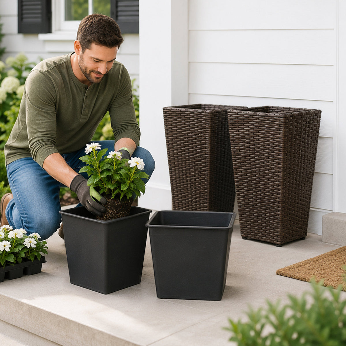 SOLHOME 19.7" Tall Poly Rattan Planter, Brown Tapered Plant Pot with Steel Frame – Indoor Outdoor Decorative Planter with PP Insert, Set of 2 Planters