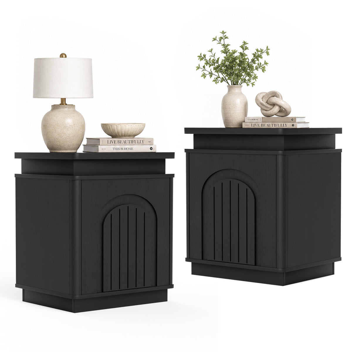 Two-piece nightstand set with arched recesses, storage cabinets with LED lighting, ample storage space, and magnetic push-to-open doors; suitable for bedrooms, living rooms, and offices; Black