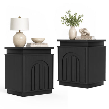 Two-piece nightstand set with arched recesses, storage cabinets with LED lighting, ample storage space, and magnetic push-to-open doors; suitable for bedrooms, living rooms, and offices; Black