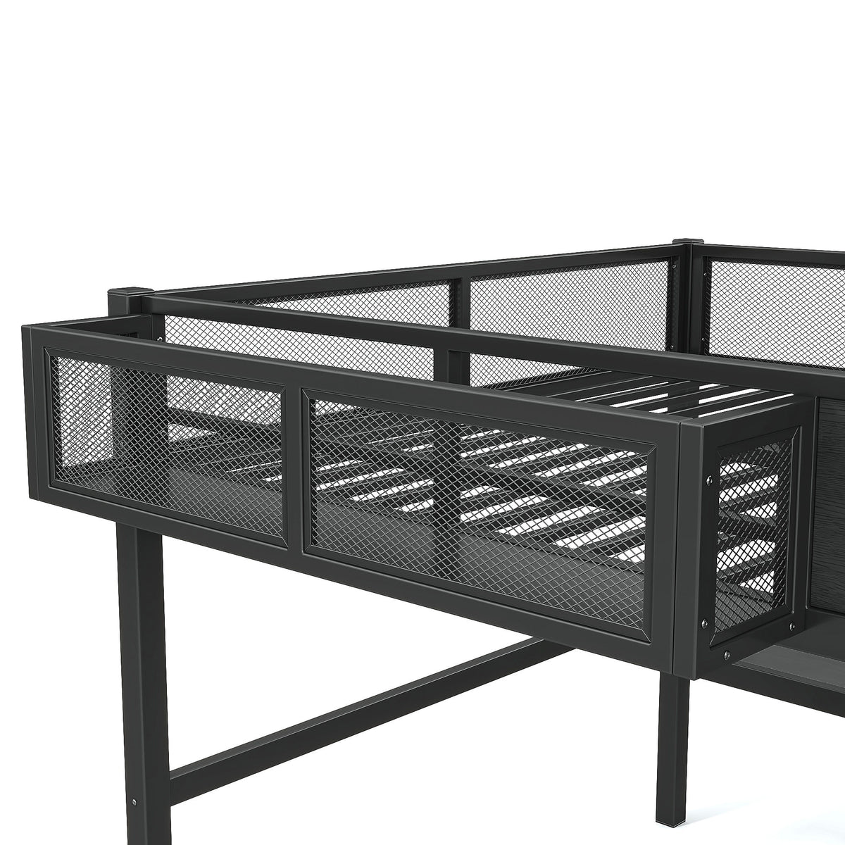 Queen Size Multifunctional Loft Bed with Slide, Desk,and Storage Shelves, Metal Loft Bed Frame With USB Ports And Led Lights, Triangular Geometry House Design, Black