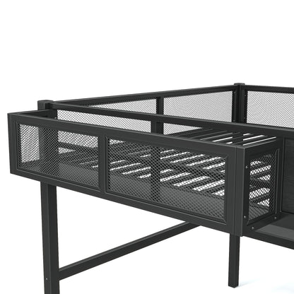 Queen Size Multifunctional Loft Bed with Slide, Desk,and Storage Shelves, Metal Loft Bed Frame With USB Ports And Led Lights, Triangular Geometry House Design, Black
