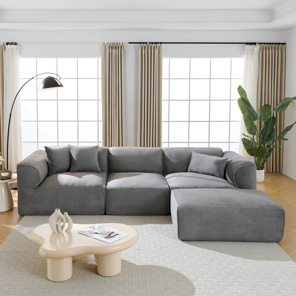 U_Style Luxury living room double-needle cut velvet sofa, 4-seater with pure sponge seat cushions and a detachable footstool