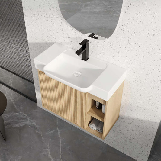 28'' Wall-Mounted Bathroom Vanity with White Ceramic Sink & Soft-Close Door, KD-Packing,