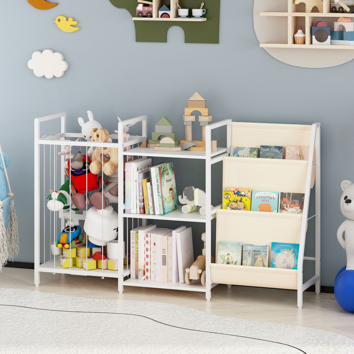 Kids Bookshelf and Toy Storage, 3-in-1 Book Shelf for Kids Rooms, Sling Baby Bookcase with Stuffed Animal Storage, Toddler Montessori Bookshelf for Nursery, Playroom, Kindergarten, White