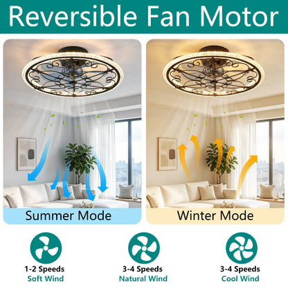 Rustic Black Caged Ceiling Fan with Remote-Controlled LED Light for Bedroom Kitchen Living Room, Matte Black Iron and ABS-PC Construction, 20-Inch