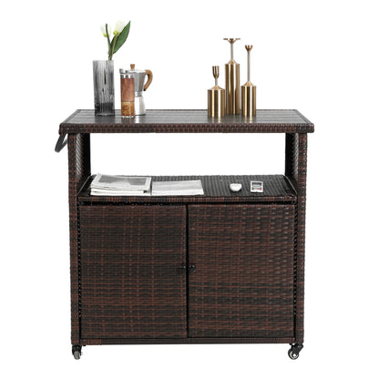 Outdoor Wicker Bar Cart, Patio Wine Serving Cart w/Wheels – Model W640P175461