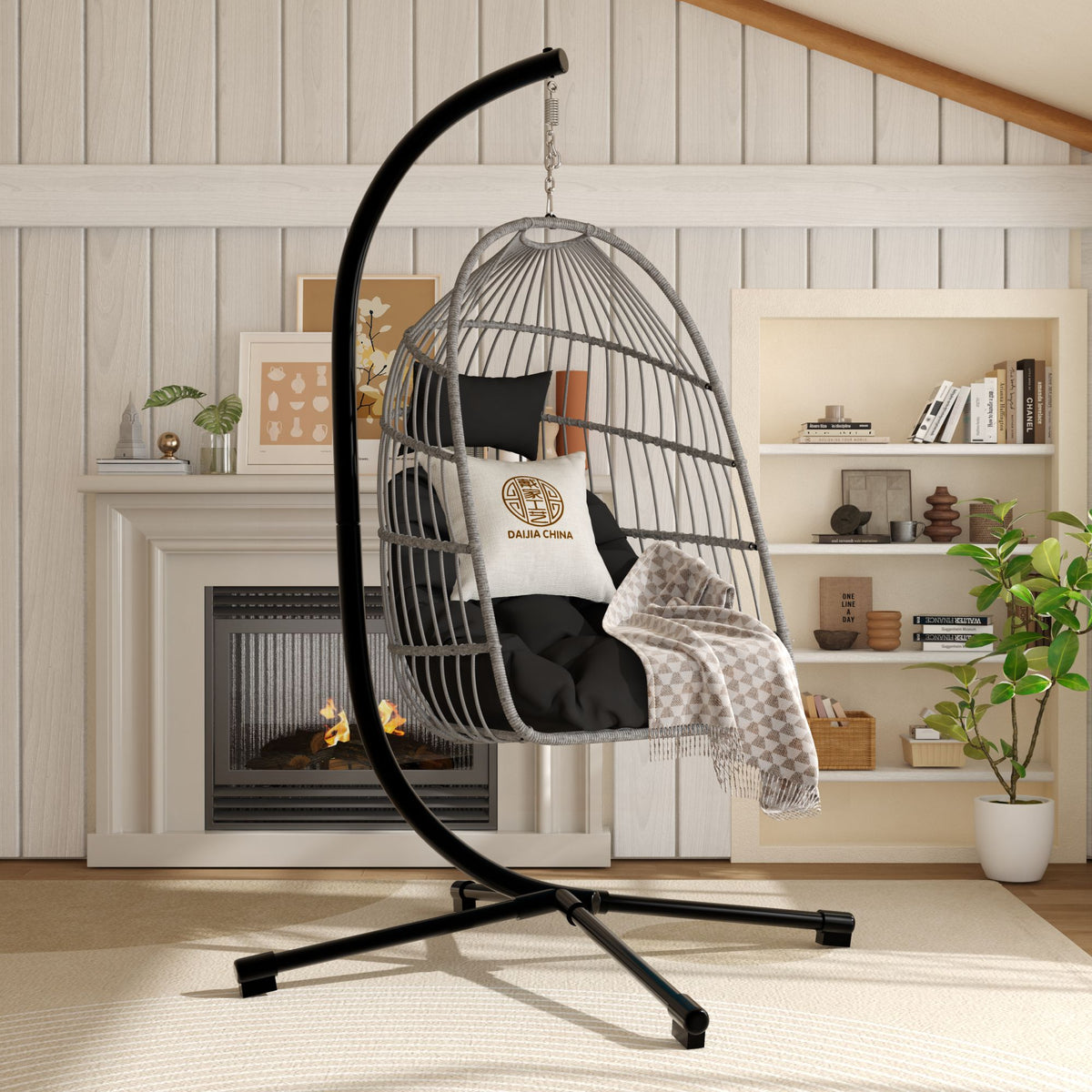 Foldable Hanging Egg Chair with Stand and Pillow, HDPE Rattan and Heavy Duty Aluminum-Steel Frame, Outdoor Patio Wicker Swing Egg Chair with Headrest and Cushioned, 350 Lbs Capacity (Gray)