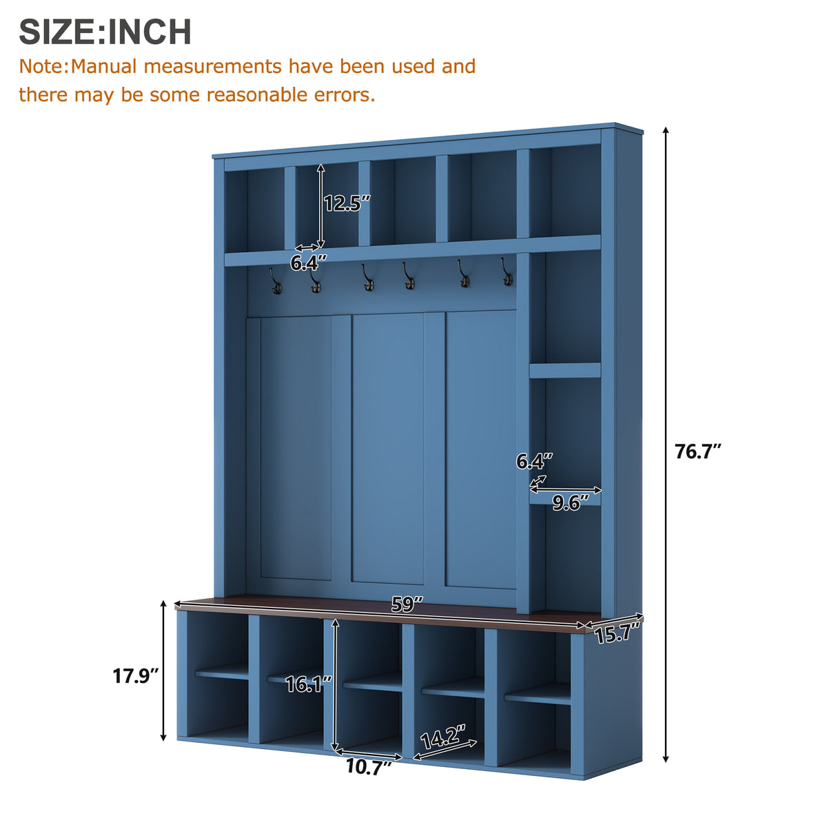 Farmhouse Wooden Hall Tree with 6 Hooks, Walnut Storage Bench with Adjustable Shelves, 4-in-1 Entryway Shoe Cabinet with Cubbies for Mudroom, Living Room, Blue (New Color of N721S000044K-1/B-1)