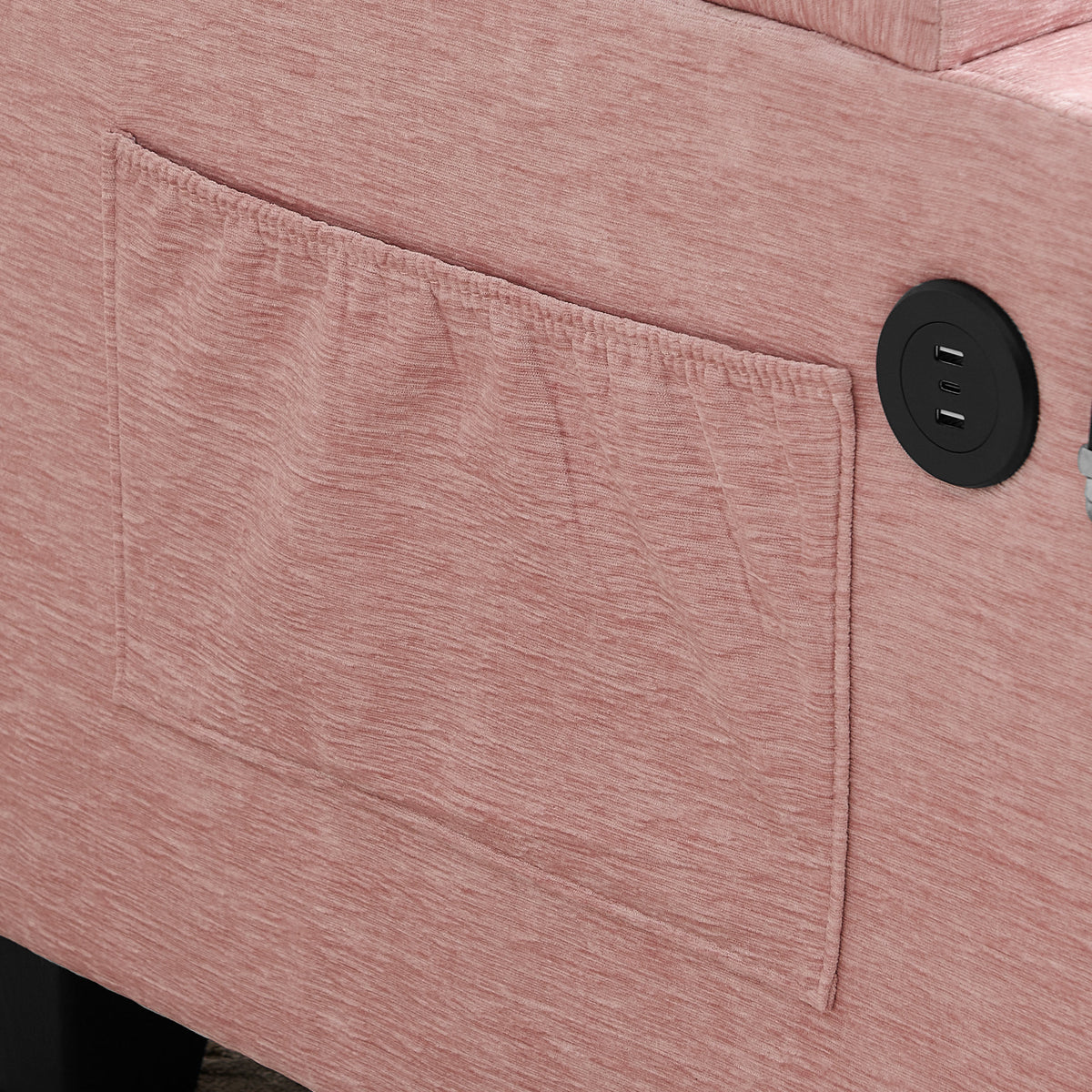 Single sofa recliner with manually adjustable backrest, USB charging port on the armrest side, phone stand included, hidden armrest storage, and a matching storage ottoman-Pink