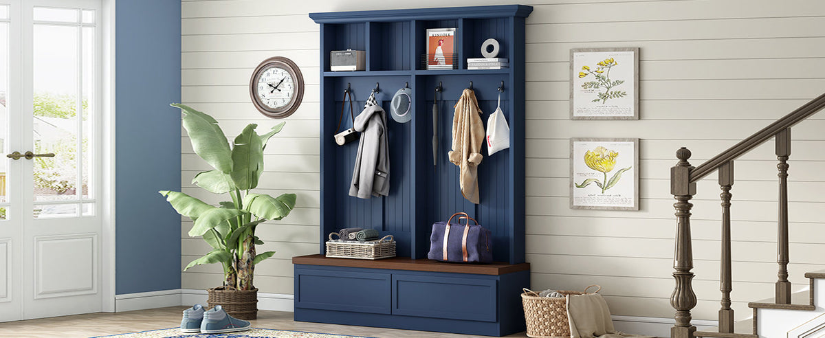 Farmhouse 4-in-1 Hall Tree with Wood Grain Bench, Mudroom Versatile Coat Rack with 2 Large Drawer, Entrance Organizer, Blue, 55.9" W