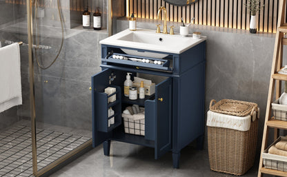 Modern Blue Bathroom Vanity with 2 Doors and Tip-Out Drawer, Ceramic Sink, Soft-Closing Hinges, Solid Wood Frame, 24'