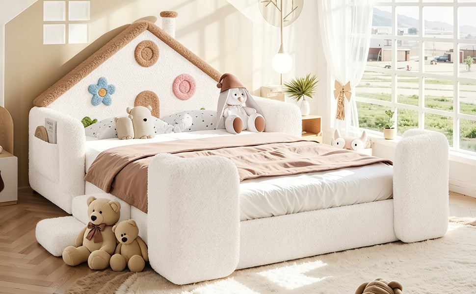 Full House Shaped Upholstered Floor bed, Upholstered Kids bed with Safety Side Rails, Solid Children Bed Frame, Low Floor Playhouse Bed for Nursery & Kids Bedroom.Beige & Natural