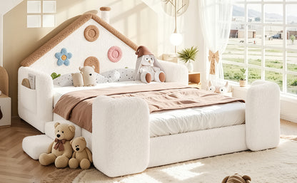 Full House Shaped Upholstered Floor bed, Upholstered Kids bed with Safety Side Rails, Solid Children Bed Frame, Low Floor Playhouse Bed for Nursery & Kids Bedroom.Beige & Natural