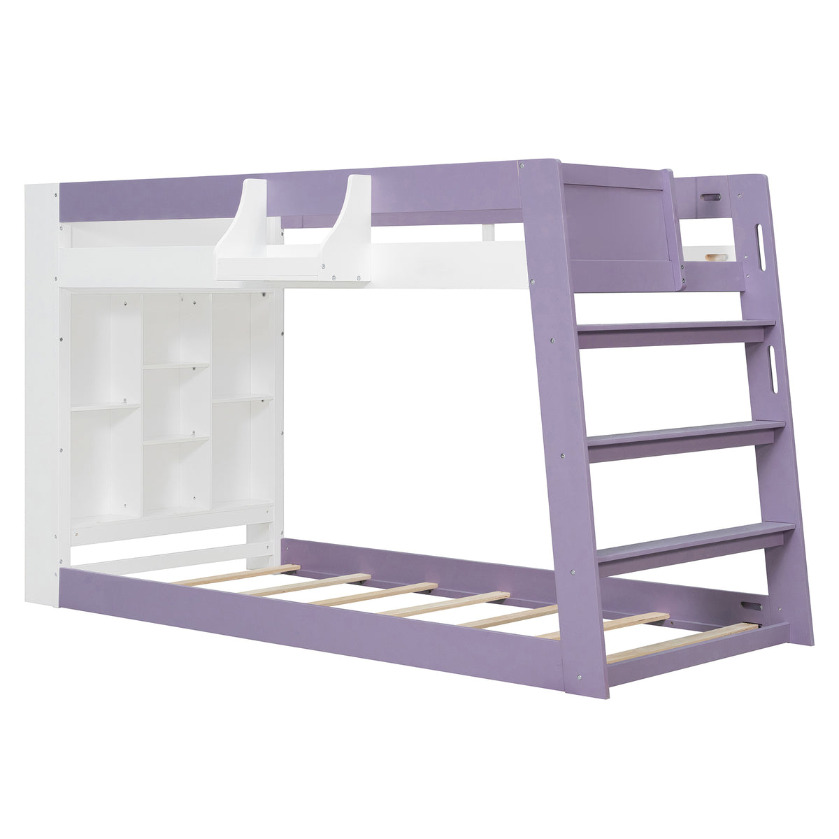 Twin Over Twin XL Bunk Bed with Storage Shelves & Guardrail Storage Basket, White+Light Purple