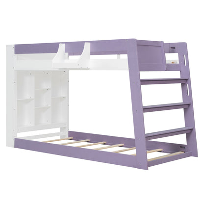 Twin Over Twin XL Bunk Bed with Storage Shelves & Guardrail Storage Basket, White+Light Purple
