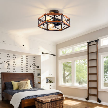 Rustic Farmhouse Wood Flush Mount Ceiling Light Fixture 14.57 inch Wood and Metal Cage Semi Flush Mount Ceiling Light for Hallway Entry Dining Farmhouse Bedroom Living Room,--Matte Black