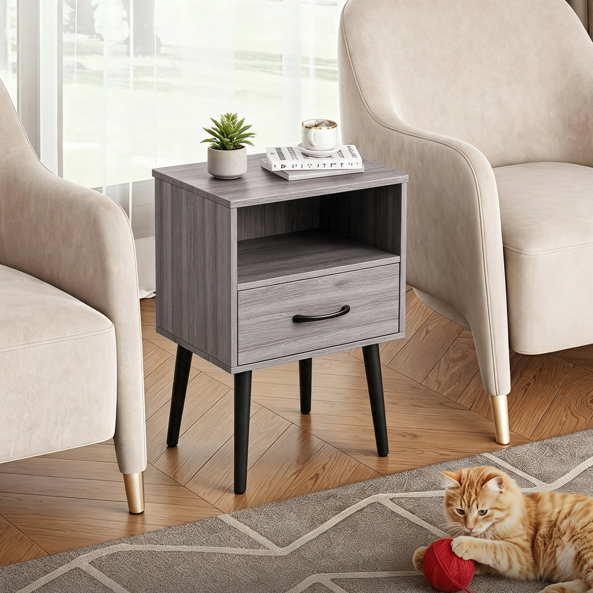 Two sets of Nightstand, modern style bedside table, With storage drawers and open wooden shelves