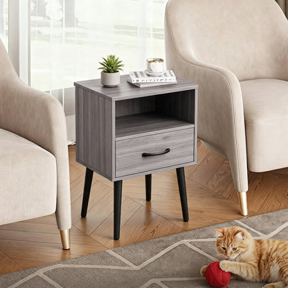 Two sets of Nightstand, modern style bedside table, With storage drawers and open wooden shelves