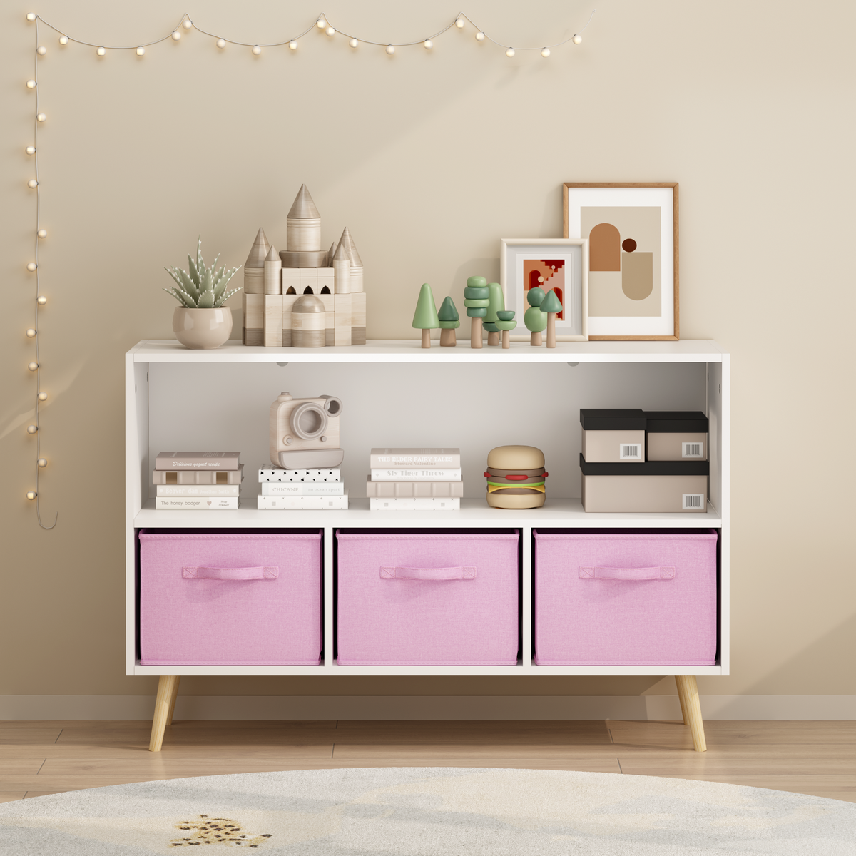 Kids bookcase with Collapsible Fabric Drawers, Children's Book Display, Toy Storage Cabinet Organizer, White/Pink