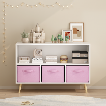 Kids bookcase with Collapsible Fabric Drawers, Children's Book Display, Toy Storage Cabinet Organizer, White/Pink